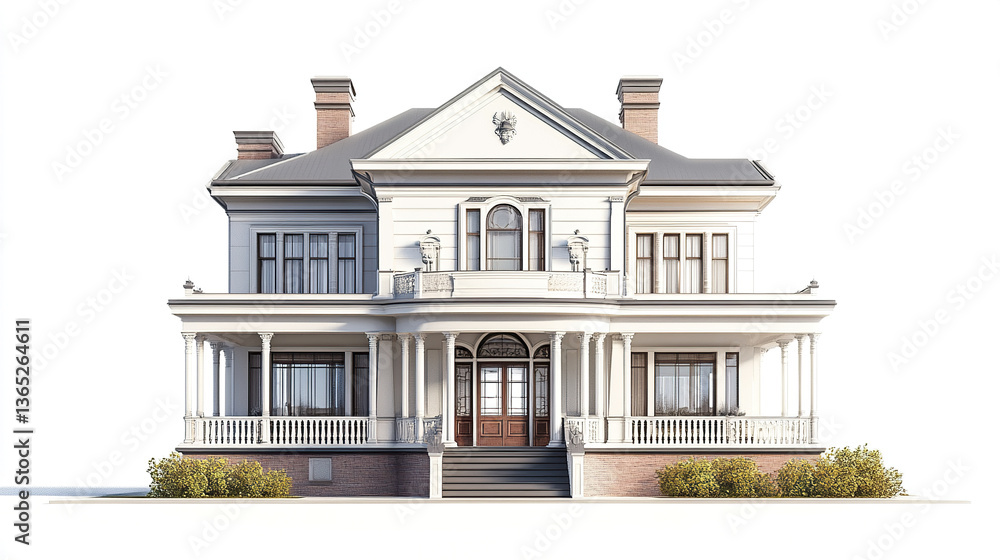 Fototapeta premium Elegant classic house with columns and balcony on white background