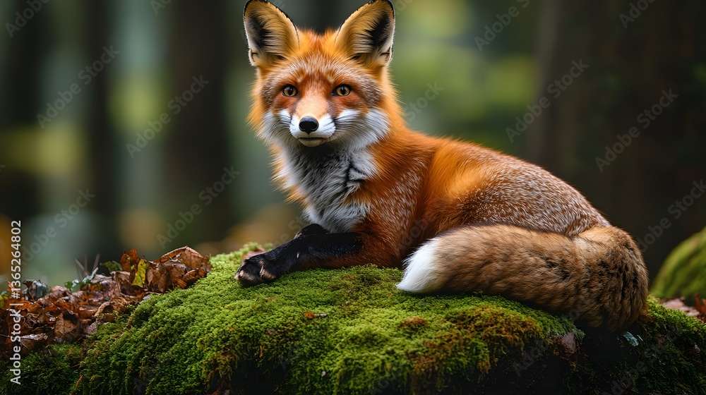 Fototapeta premium Red fox rests alertly on moss-covered log in enchanted woodland, vibrant fur contrasting with green surroundings. Dappled sunlight filters through trees, enhancing the dreamy wildlife composition.