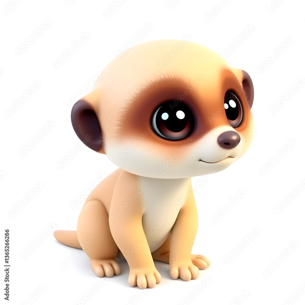 Fototapeta premium Meerkat – 3D baby meerkat, small curious face, big shiny eyes, tiny paws, pastel yellow and pink tones, white background Generative AI
