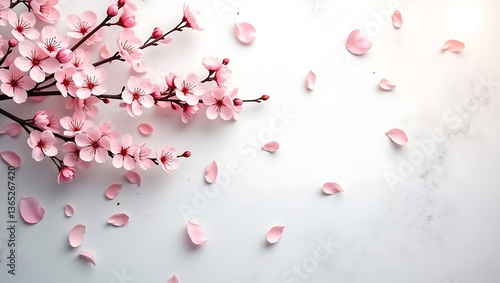 Cherry blossom branches, delicate pink flowers, light gray concrete background