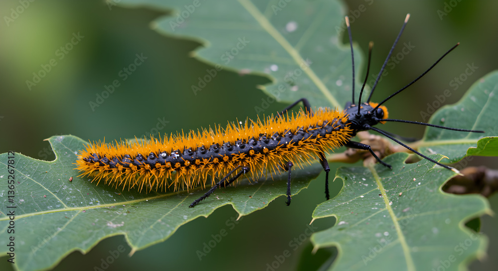 Fototapeta premium Striking Oak Processionary Caterpillar on Leaf: A Close-Up of Nature's Detail