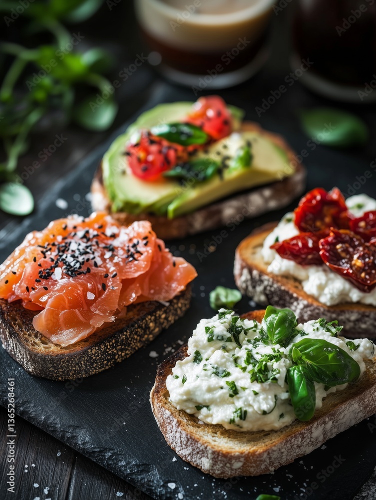 Assorted toast with avocado, salmon, and sun-dried tomatoes on a black slate with herbs Assorted toast with avocado, salmon, and sun-dried tomatoes on a black slate with herbs