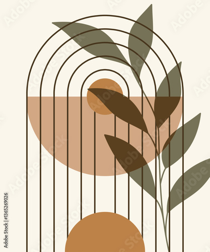 Estetyczna nowoczesna kompozycja z abstrakcyjnym elementem botanicznym, geometrycznymi kształtami. Ilustracja wektorowa do wykorzystania dla sztuki ściennej, tapet, dekoracji, wystroju wnętrz.