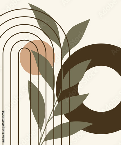 Estetyczna nowoczesna kompozycja z abstrakcyjnym elementem botanicznym, geometrycznymi kształtami. Ilustracja wektorowa do wykorzystania dla sztuki ściennej, tapet, dekoracji, wystroju wnętrz.