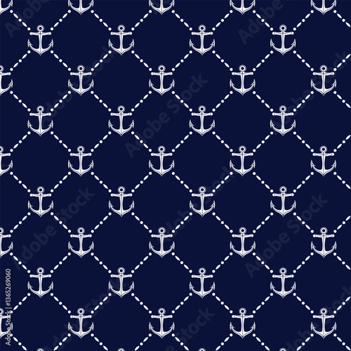 Nautical Anchor Seamless Pattern on Navy Blue. A seamless vector pattern featuring white anchors connected by dotted ropes on a navy blue background, perfect for nautical-themed designs.