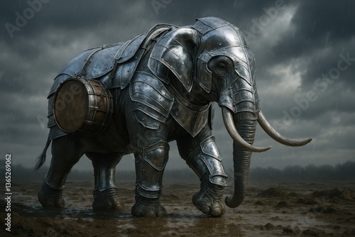 Armored elephant walking through muddy battlefield under stormy sky in fantasy concept

