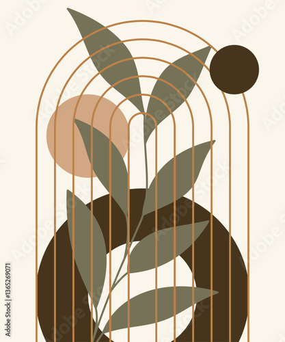 Estetyczna nowoczesna kompozycja z abstrakcyjnym elementem botanicznym, geometrycznymi kształtami. Ilustracja wektorowa do wykorzystania dla sztuki ściennej, tapet, dekoracji, wystroju wnętrz.