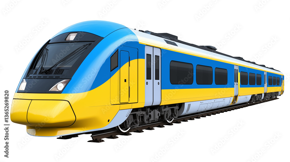 Naklejka premium A blue and yellow passenger train on a railway track side