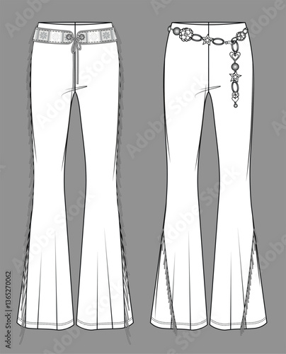 Vector high waist flared leggings fashion CAD, woman pants with belt and fringe trim technical drawing, template, sketch, flat. Jersey or suede fabric trousers with front, back view, white color
