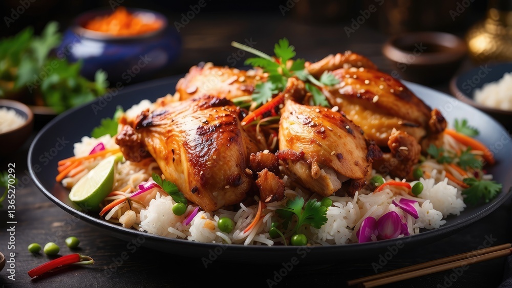 A close-up view of a black rectangular plate filled with crispy, A close-up view of a black rectangular plate filled with crispy,