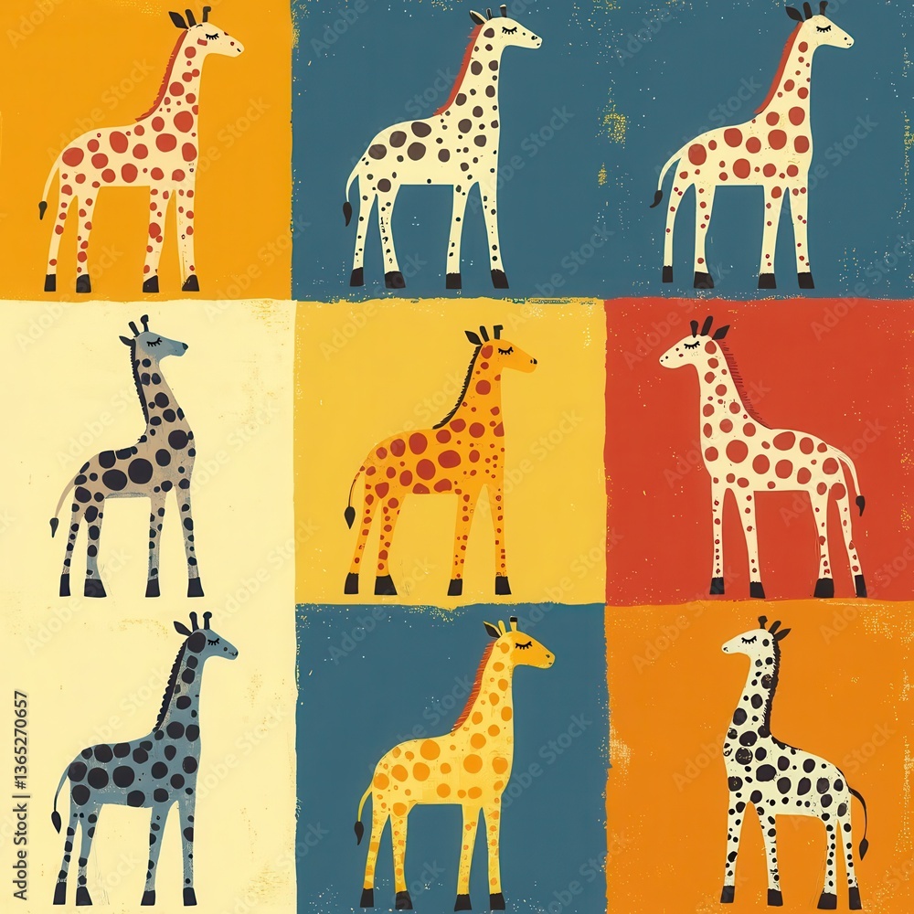 Obraz premium Colorful Cartoon Giraffe Grid – Playful 3x3 Whimsical Animal Pattern