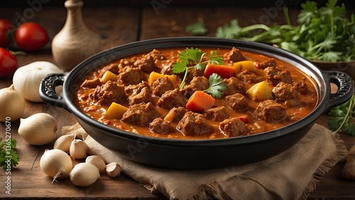 A top-down view of a large frying pan filled with rich,