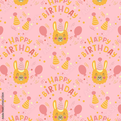 Colorful birthday pattern with llama and balloons – vector seamless background