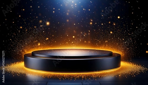 Luxury Product Showcase – Elegant Circular Black Platform, Golden Glow, Premium Spotlight, Glittering Particles