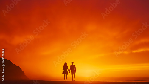 A couple stands hand in hand, watching the sunset over the ocean.