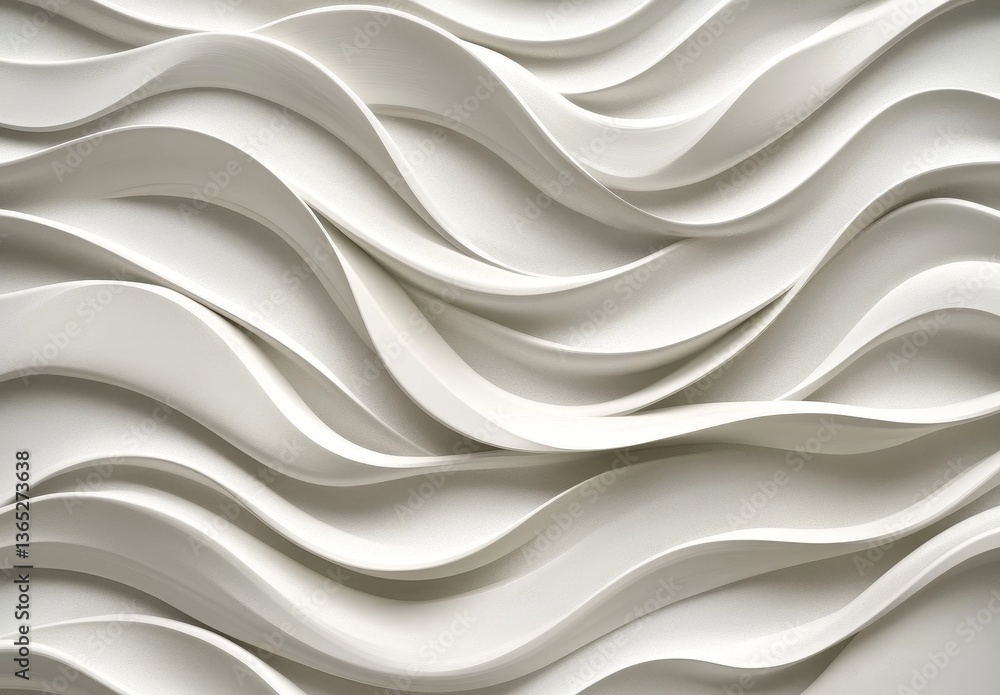 Obraz premium Abstract wavy, textured surface design. A smooth, light gray-white relief pattern, with flowing, undulating lines creating a dynamic visual effect