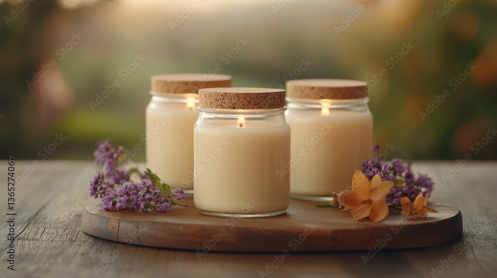 Three glass jars with cork lids, filled with a light yellow liquid, sit on a wooden tray with purple and orange flowers. Three glass jars with cork lids, filled with a light yellow liquid, sit on a wooden tray with purple and orange flowers.