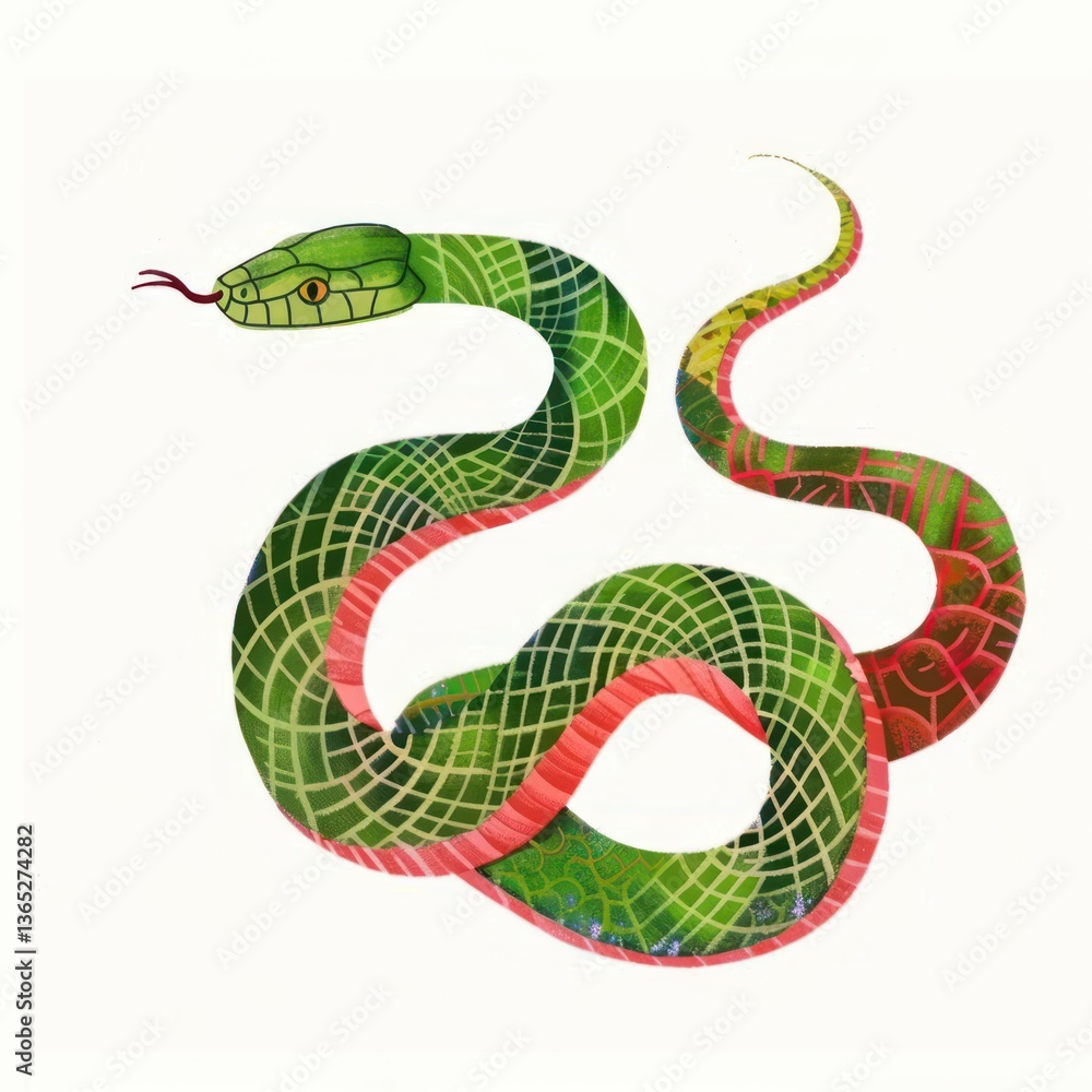 Naklejka premium Green snake illustration full body reptile decorative geometric.