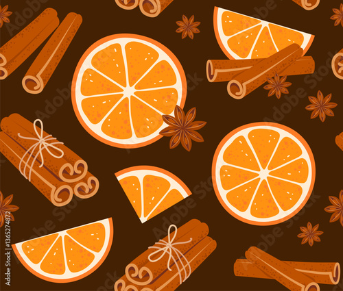 Seamless pattern with orange slices, cinnamon sticks tied with jute rope on brown background. Sweet cooking and bakery spices. Vector illustration