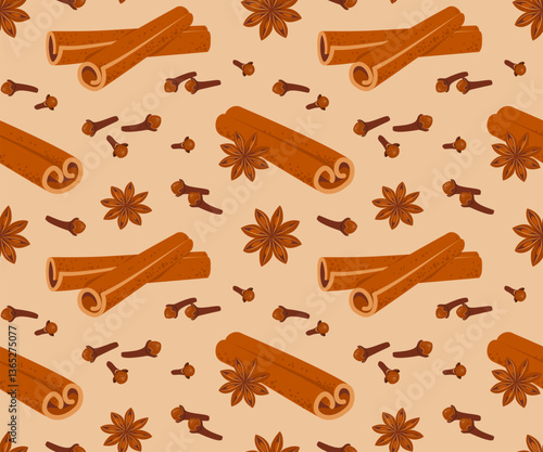 Seamless pattern with cinnamon sticks, dried cloves and star anise. Sweet cooking and bakery spices. Vector illustration