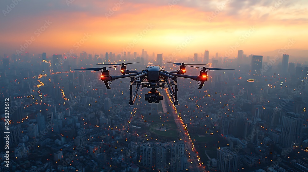 Naklejka premium Aerial Drone Capturing Urban Landscapes at Sunset with Advanced AI Technology