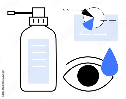 Eye drops bottle, stylized eye, and tear drop with abstract geometric elements. Ideal for healthcare, vision care, wellness, dryness relief, medicine hygiene minimalistic art. Flat simple metaphor