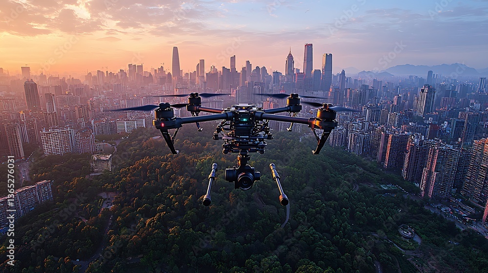 Aerial View of Drone Capturing Urban Landscape with Skyscrapers at Sunset Aerial View of Drone Capturing Urban Landscape with Skyscrapers at Sunset