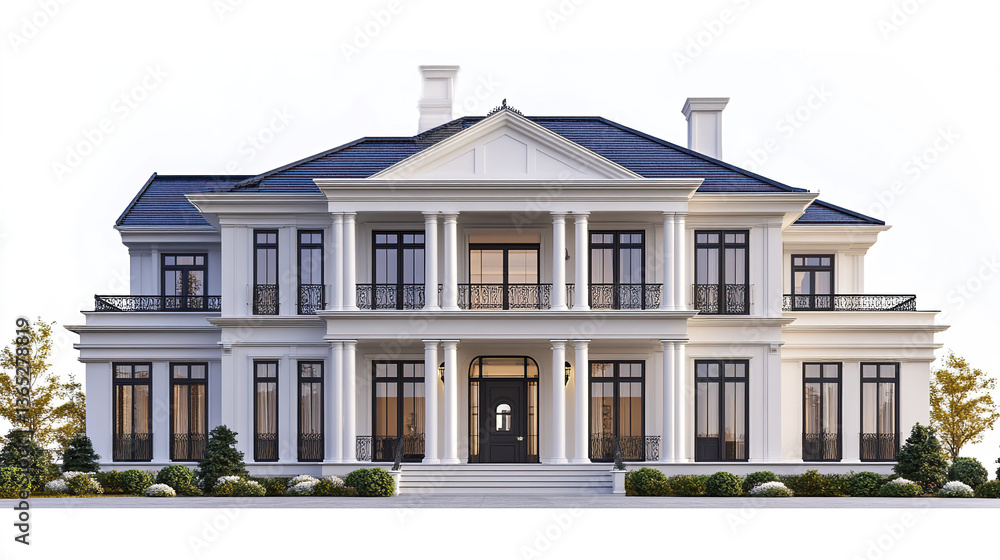 Fototapeta premium Elegant classic house with columns and large windows on white background