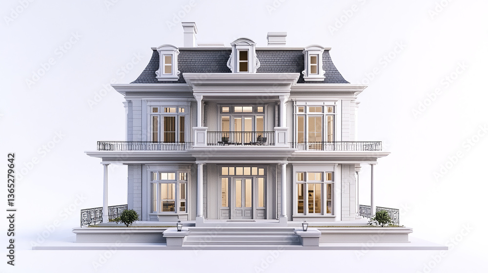 Fototapeta premium Elegant classic house with white facade and large windows