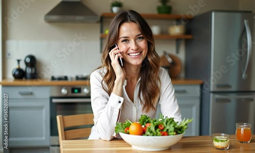Wallpaper Mural Cheerful Woman Chatting on Cellphone While Enjoying Fresh Salad in Kitchen Torontodigital.ca