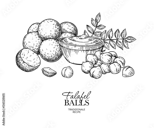 Falafel balls, chickpeas with tahini sauce vector drawing. Fried chickpea balls pieces sketch. Arabic halal food 