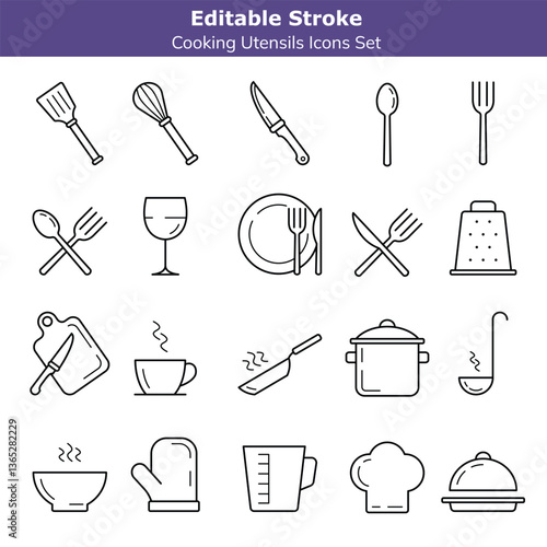 Cooking utensils line icons set. Foor preparation kitchenware outline symbols with editable stroke. Glove, dish tray, chef hat isolated symbols. Black and white tableware for recipe cook book pack