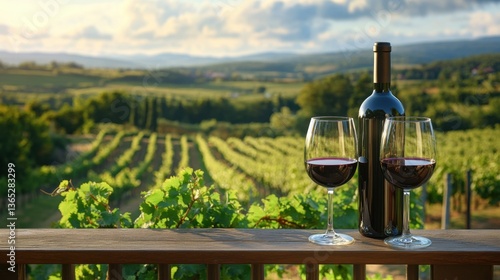 A bottle of wine and two wine glasses on a balcony, overlooking a beautiful vineyard with rows of grapes in the distance.