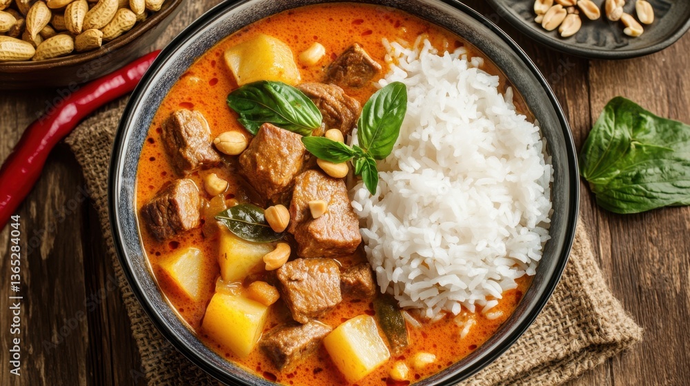 A bowl of Thai Massaman curry with chunks of beef, potatoes, and peanuts, served with jasmine rice on the side. A bowl of Thai Massaman curry with chunks of beef, potatoes, and peanuts, served with jasmine rice on the side.