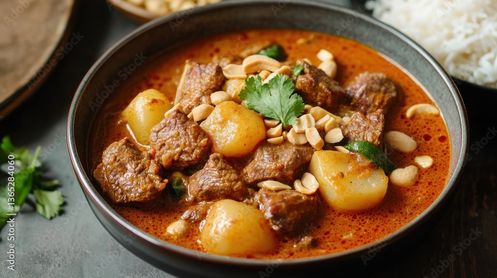 A bowl of Thai Massaman curry with chunks of beef, potatoes, and peanuts, served with jasmine rice on the side. A bowl of Thai Massaman curry with chunks of beef, potatoes, and peanuts, served with jasmine rice on the side.