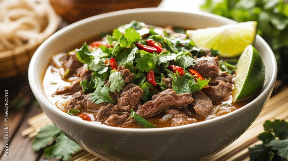 A bowl of traditional Thai noodle soup with beef, fresh herbs, and chili, garnished with lime wedges and cilantro. A bowl of traditional Thai noodle soup with beef, fresh herbs, and chili, garnished with lime wedges and cilantro.