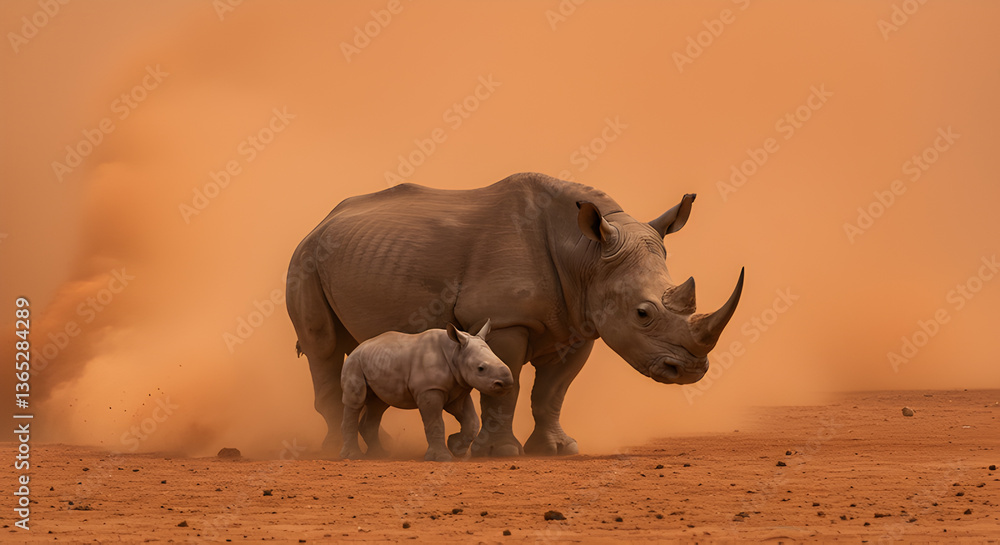 Fototapeta premium Rhino mother protects her calf during intense dust storm in arid landscape