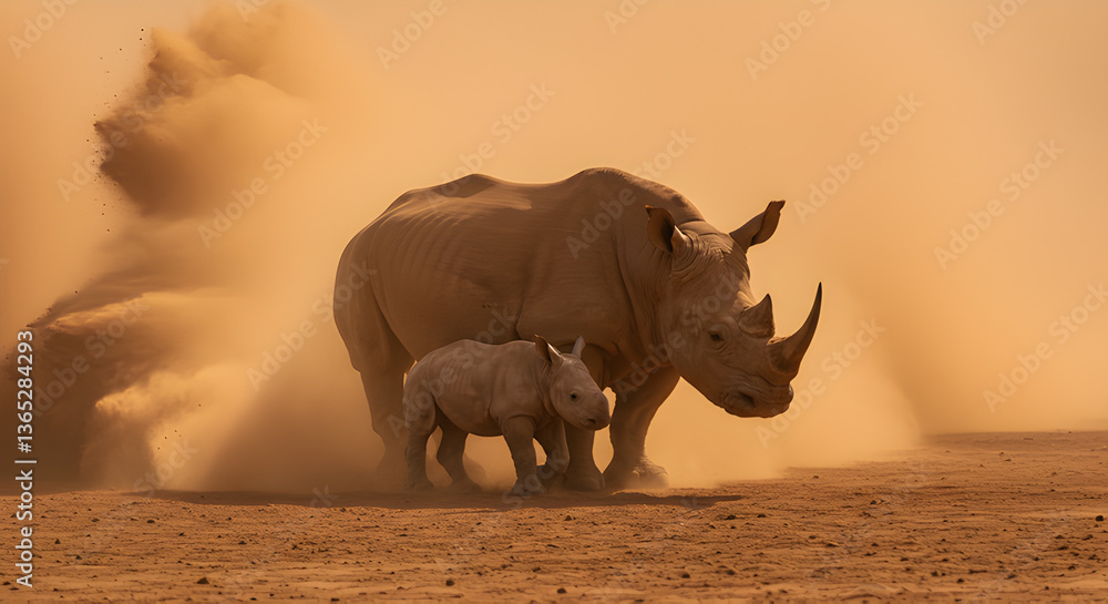 Fototapeta premium Rhino Mother Protects Calf During African Dust Storm in Harsh Environment