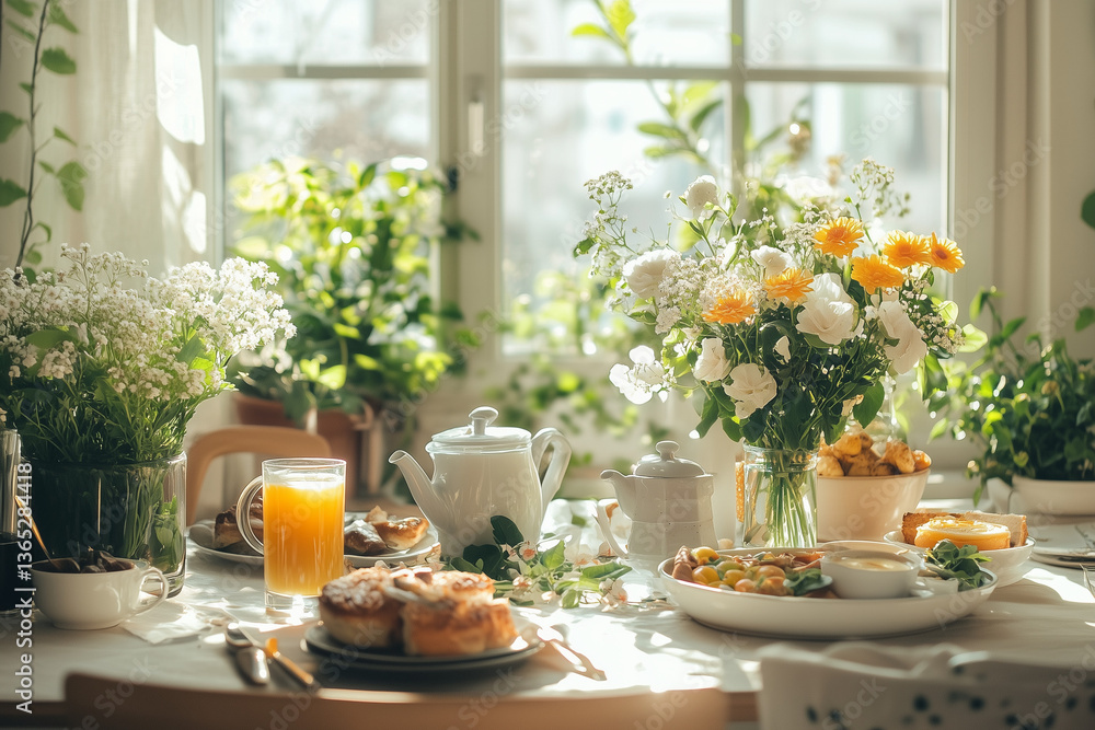 Bright and Cozy Brunch Table with Flowers by a Sunny Window (화창한 창가에 마련된 꽃과 브런치가 있는 밝고 따뜻한 식탁) Bright and Cozy Brunch Table with Flowers by a Sunny Window (화창한 창가에 마련된 꽃과 브런치가 있는 밝고 따뜻한 식탁)
