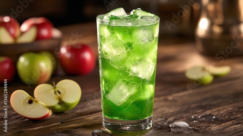 A bright green apple cider soda in a tall glass, with ice cubes and fresh apple slices, placed on a rustic wooden table.
