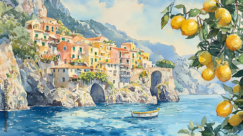 Stunning Watercolor Amalfi Coast Scene