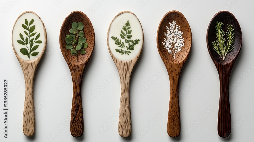 Five wooden spoons with different designs of leaves and flowers. Five wooden spoons with different designs of leaves and flowers.