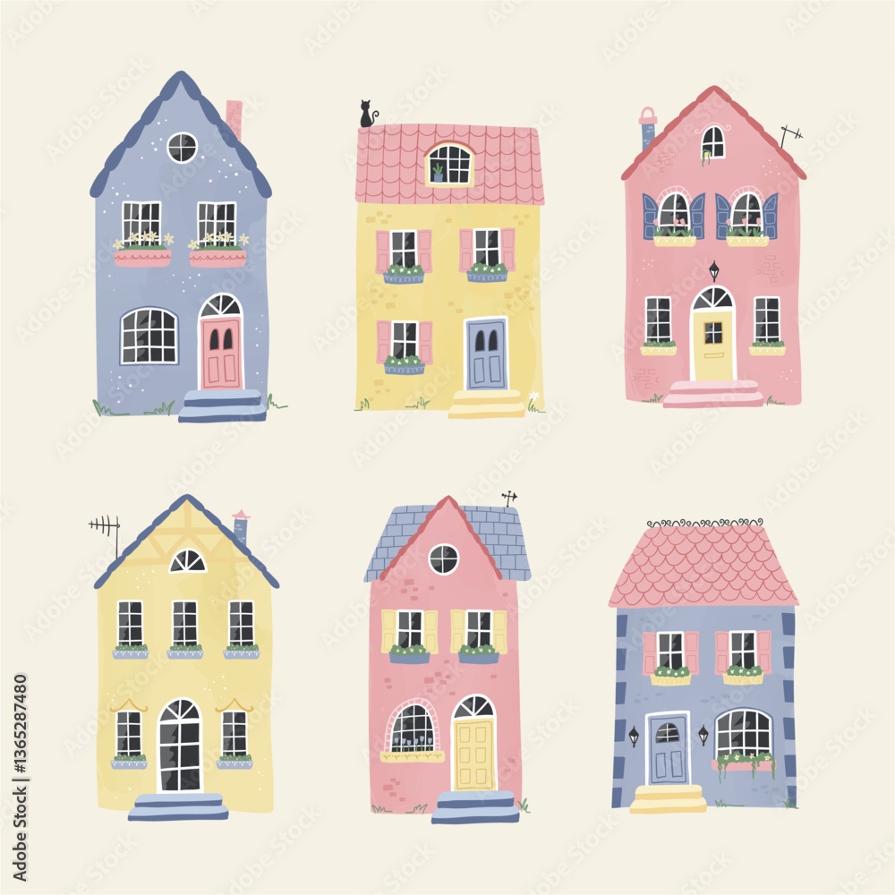 Cute hand drawn houses, french style with lots of fun details, cozy vibe - vector design Cute hand drawn houses, french style with lots of fun details, cozy vibe - vector design