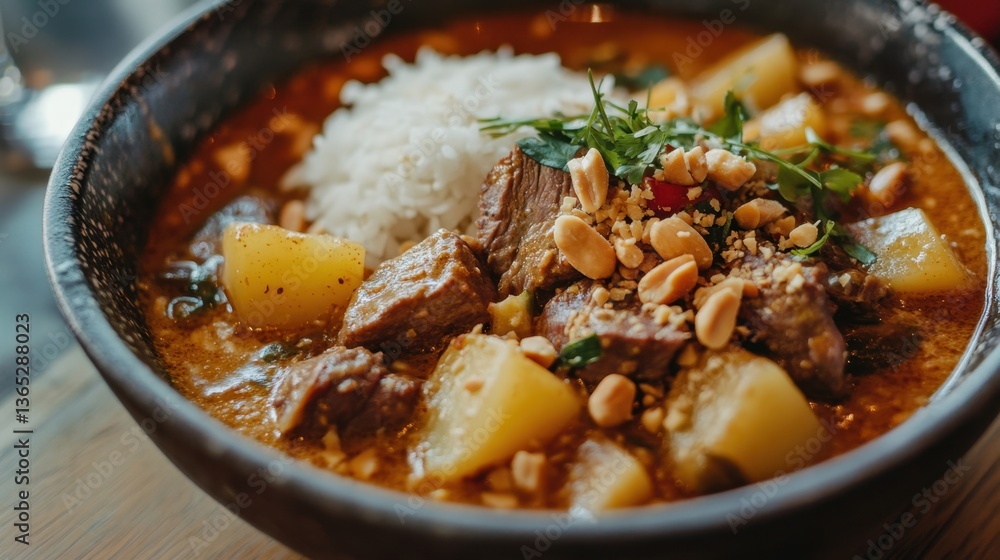 A close-up of Thai massaman curry with potatoes, peanuts, and tender beef, served in a rustic bowl with sticky rice. A close-up of Thai massaman curry with potatoes, peanuts, and tender beef, served in a rustic bowl with sticky rice.