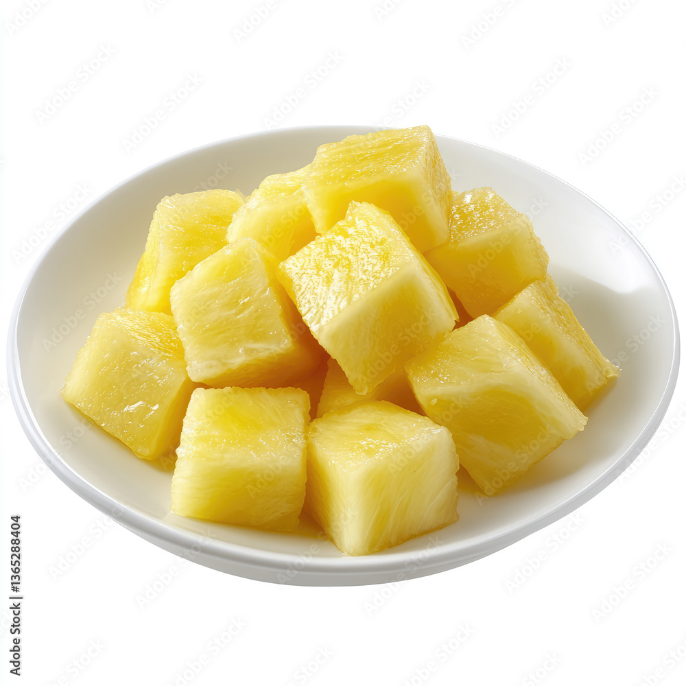 A white bowl filled with a pile of cubed and juicy looking pineapple fruit A white bowl filled with a pile of cubed and juicy looking pineapple fruit