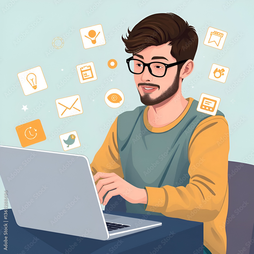 Student studying online with a laptop and floating icons for various e-learning tools Student studying online with a laptop and floating icons for various e-learning tools