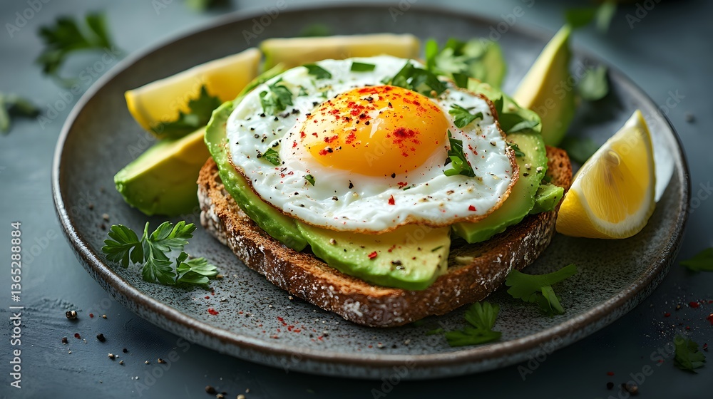 Gourmet breakfast showcases poached egg on avocado toast with golden yolk, fresh herbs, and lemon wedges. Rustic ceramic plate holds creamy avocado slices arranged artistically, in natural light. Gourmet breakfast showcases poached egg on avocado toast with golden yolk, fresh herbs, and lemon wedges. Rustic ceramic plate holds creamy avocado slices arranged artistically, in natural light.