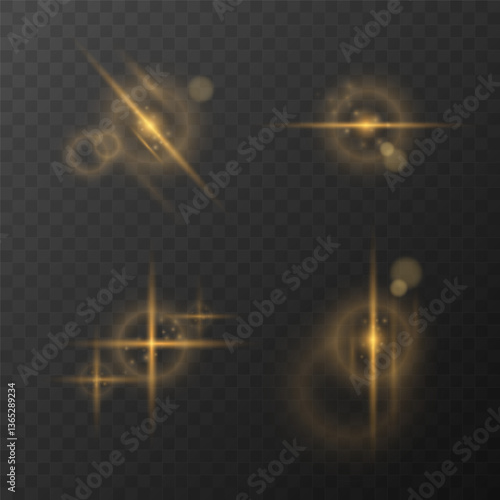 Set of gold lens flares on transparent background. Gold sun flash with rays and bokeh. Magic yellow glow light effect. Vector 