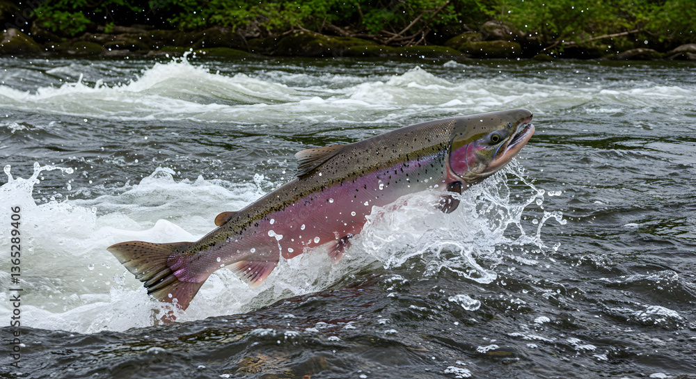 Fototapeta premium Salmon's arduous journey: fighting upstream through whitewater rapids to spawn