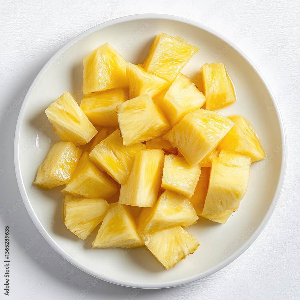 A white plate filled with chunks of fresh yellow pineapple pieces fruit A white plate filled with chunks of fresh yellow pineapple pieces fruit